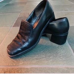 Vintage leather Unisa black loafer with fur front and chunky block heel